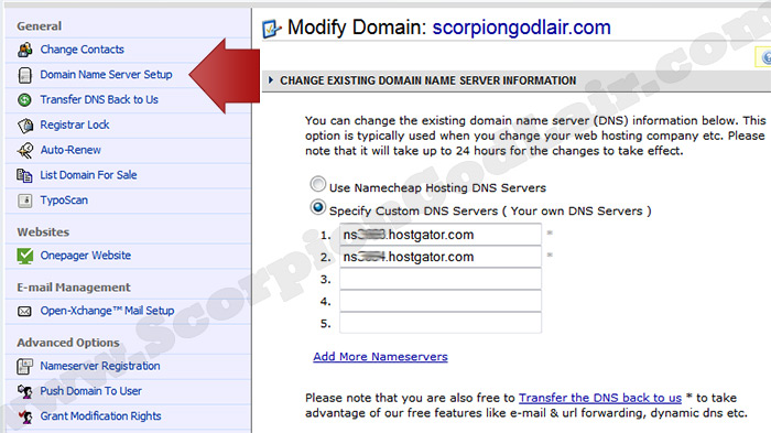 Image of Namecheap Domain Nameserver Setup Page